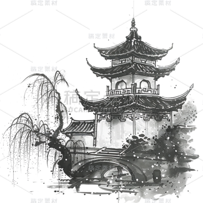 中国风通用水墨中式建筑组合元素素材