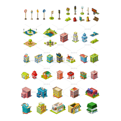 建筑系列插画风游戏建筑组合(td)