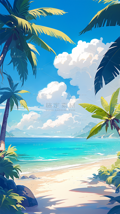 夏日通用背景动漫风海边椰子树