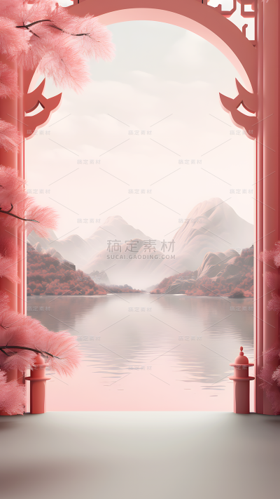 通用国风插画中式自然山水红色系场景背景
