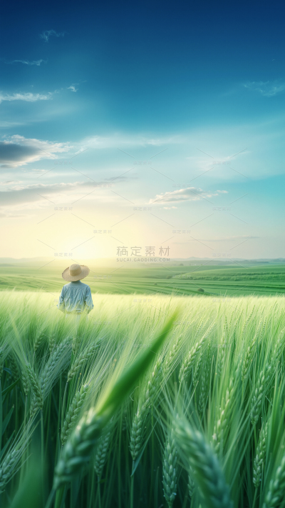 小满实景感光影水稻田人物农耕场景背景