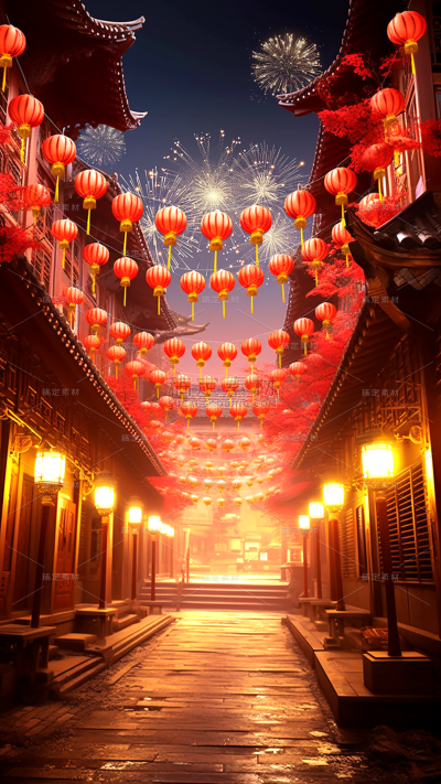 元宵节闹元宵3D立体C4D实景灯火街道场景背景图片素材