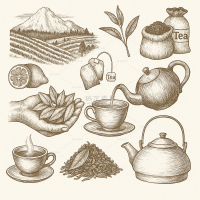 植物系列复古感茶叶肌理插画组合（td）