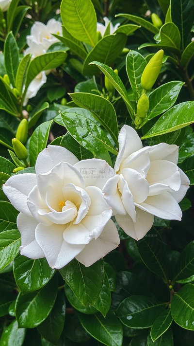 植物系列实景感多朵栀子花丛