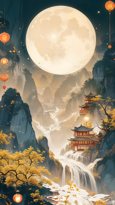 中秋节系列中国风山水月亮场景通用背景素材