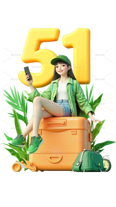 劳动节卡通感软3D人物植物旅行箱数字元素