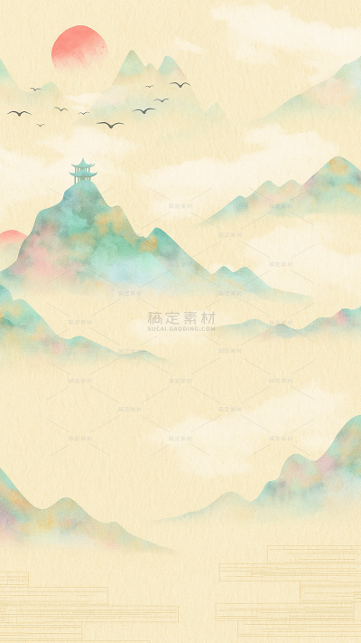 中国风系列水彩晕染山峦红日飞鸟古亭插画图片