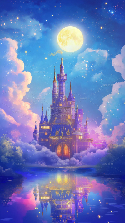 建筑系列通用3D紫色城堡夜景建筑图片