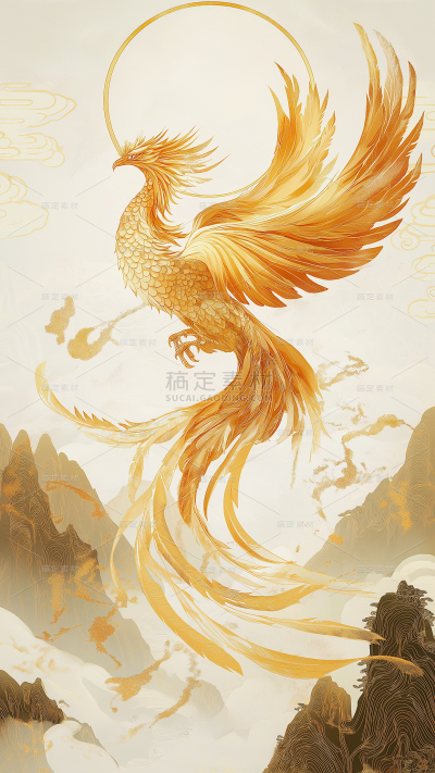 动物系列国潮金描边插画凤凰中式元素背景图片