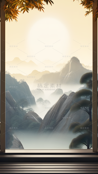 通用电商传统中国风中式自然山树场景背景