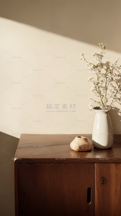 植物系列写实简约感木桌花瓶场景背景