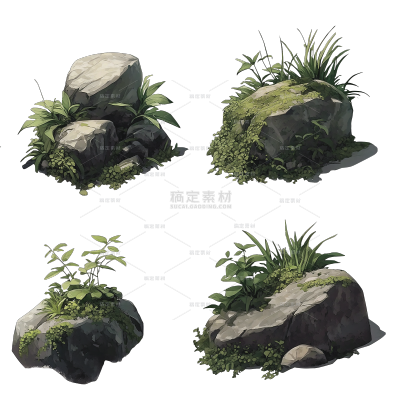 风光系列插画风石头带苔藓植物