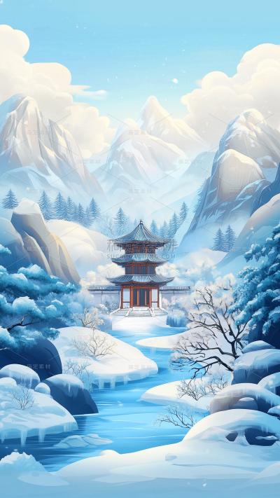 插画冬季冬天大雪小雪大寒小寒节气雪景背景