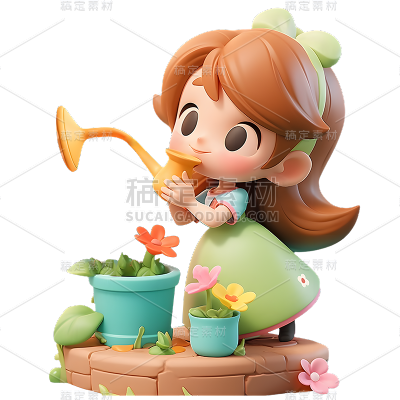 通用3D卡通感可爱小女孩浇花儿童人物贴纸