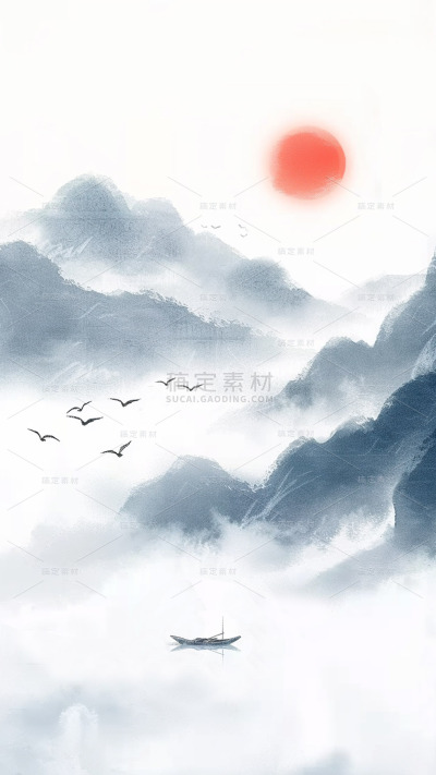 中国风通用青蓝色古风山水背景场景图片素材