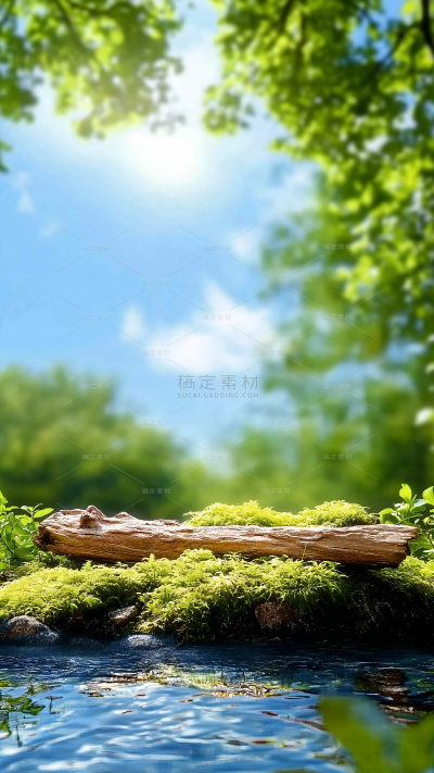 风光系列实景感森林苔藓绿叶木头户外背景