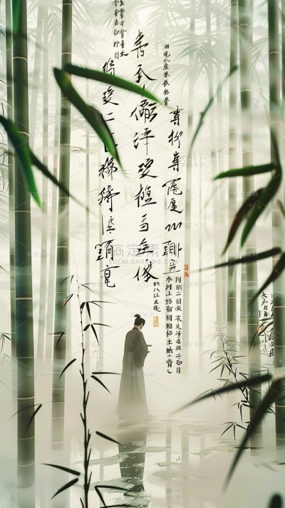 通用中式风水墨竹林书法背景素材