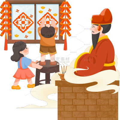 小年卡通手绘迎灶神元素