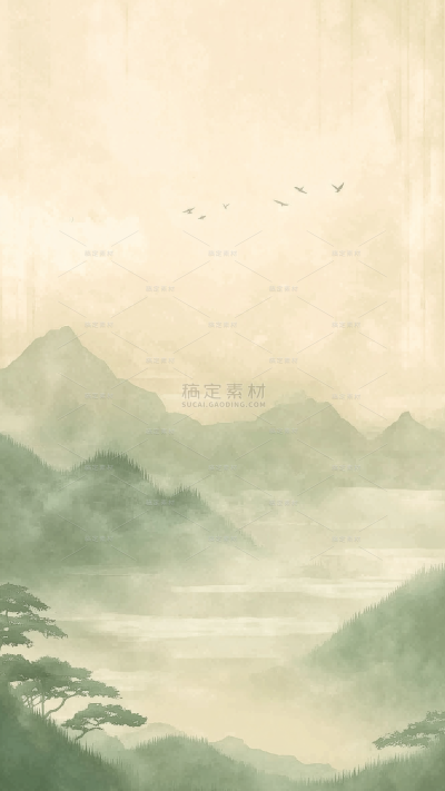 中式绿色古风山水工笔画背景系列