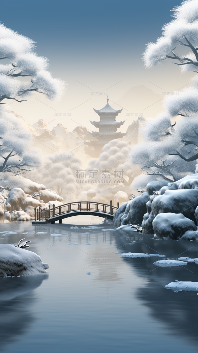 冬季冬天通用插画中国风中式古建筑自然山水积雪场景背景