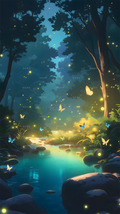 风光系列动漫感黑夜森林蝴蝶背景
