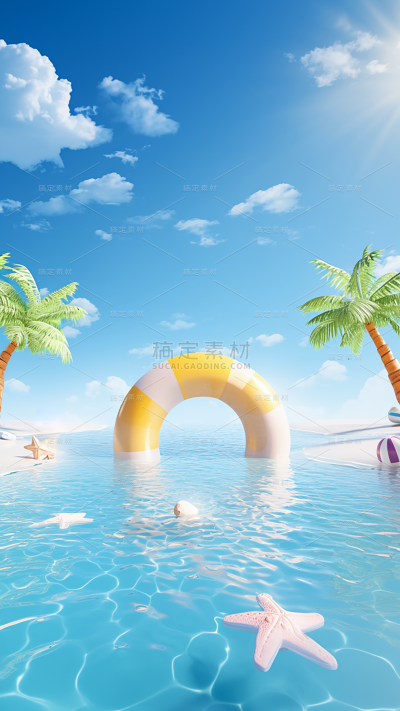 夏天夏季夏日海边3D立体场景背景素材