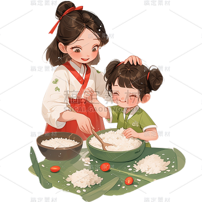 端午节通用中国风动漫绿色厚涂插画古风人物包粽子元素