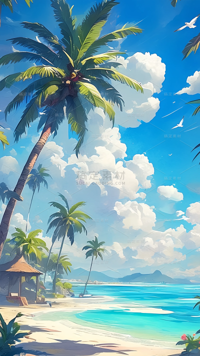 夏日通用背景动漫风海边椰子树