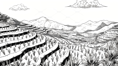 风光系列插画风线条山脉田野房屋线稿（td）