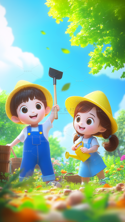 植树节可爱感插画小孩子植树背景