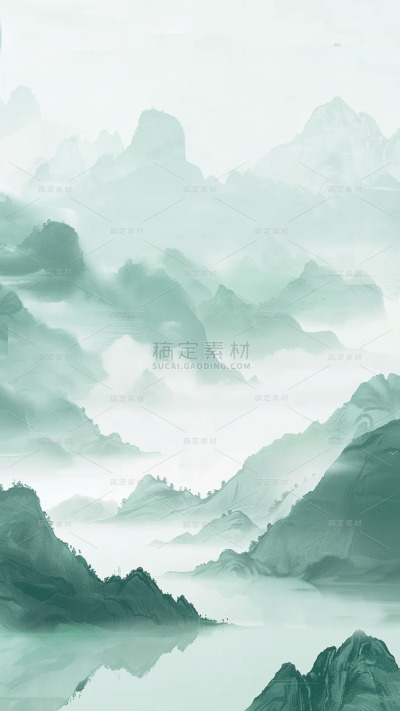 中国风通用春绿色古风山水云雾意境竖版图片素材