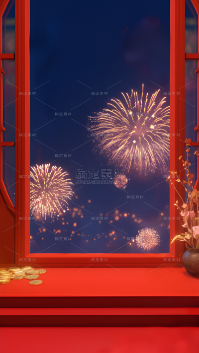 年货节喜庆感窗棂展台烟花背景