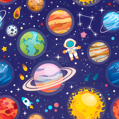 宇宙系列卡通风宇航员火箭行星插画（td）