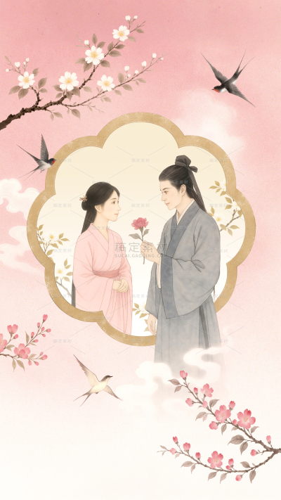 七夕国风窗框喜鹊人物背景-
