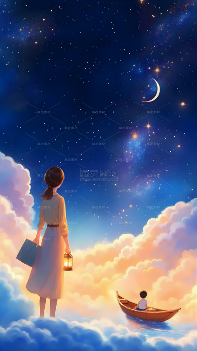 教师节梦幻感人物云朵星空背景