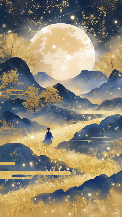 中秋节系列鎏金月亮桂花通用背景素材