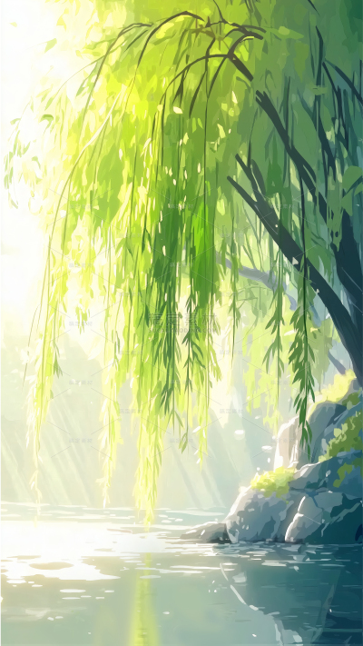 植物系列插画风朦胧感河边柳叶背景