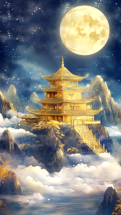 中秋节月亮鎏金山水背景图片