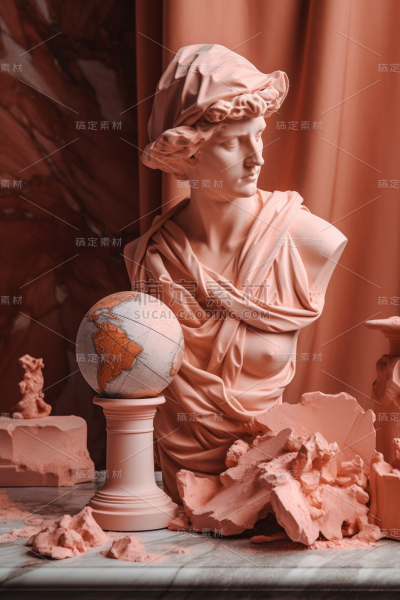 柔软的粉红色和亚麻布上的大型大理石雕像，少量陶土修饰