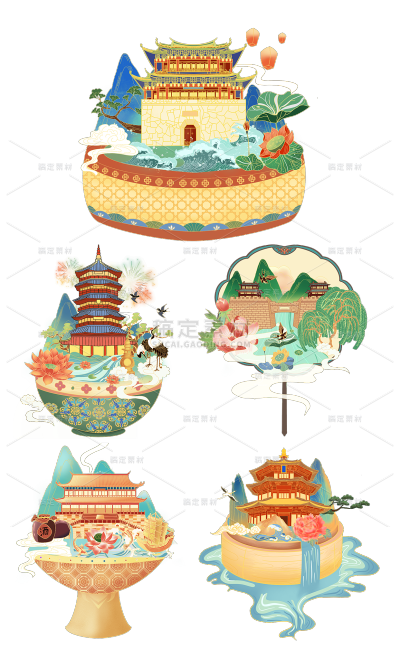 2309SC-素材组合-手绘-国潮风建筑