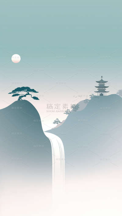 夏日中国风-扁平渐变山水图片背景