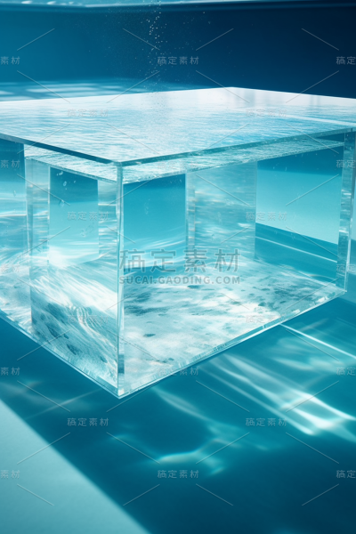 漂浮在水下的蓝色水池中的白纸，具有直线形式的风格，工业和产品设计，硬边画家，水晶芯，清晰的边缘定义，日光大师，玻璃作为材料