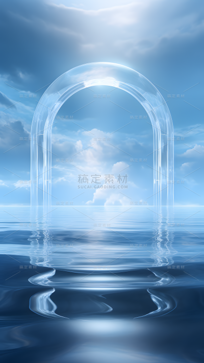 通用电商简约透明玻璃感水面拱门展台场景背景