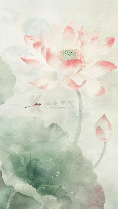 夏日中国风-荷花荷叶水墨晕染无描线工笔画图片背景
