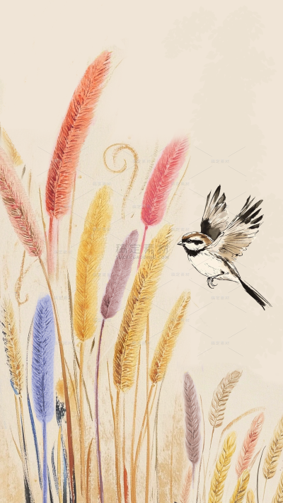 芒种国风水墨画创意小麦麻雀插画背景
