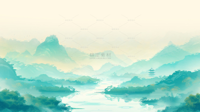 风光系列水彩风清新山川河流插画背景