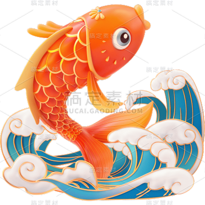 生产素材通用金属描边锦鲤3D动物贴纸元素素材