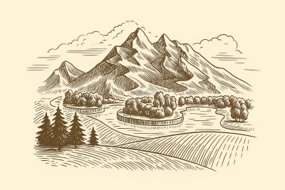 风光系列插画风农田山脉线稿（td）
