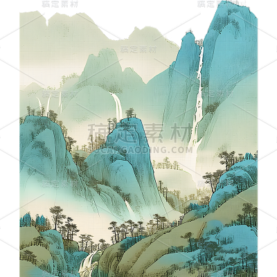 中国风通用青绿色工笔画山水元素素材