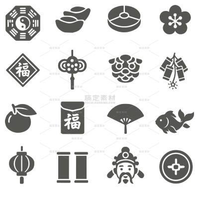 中国风系列扁平风灰色新年元素图标组合（td）